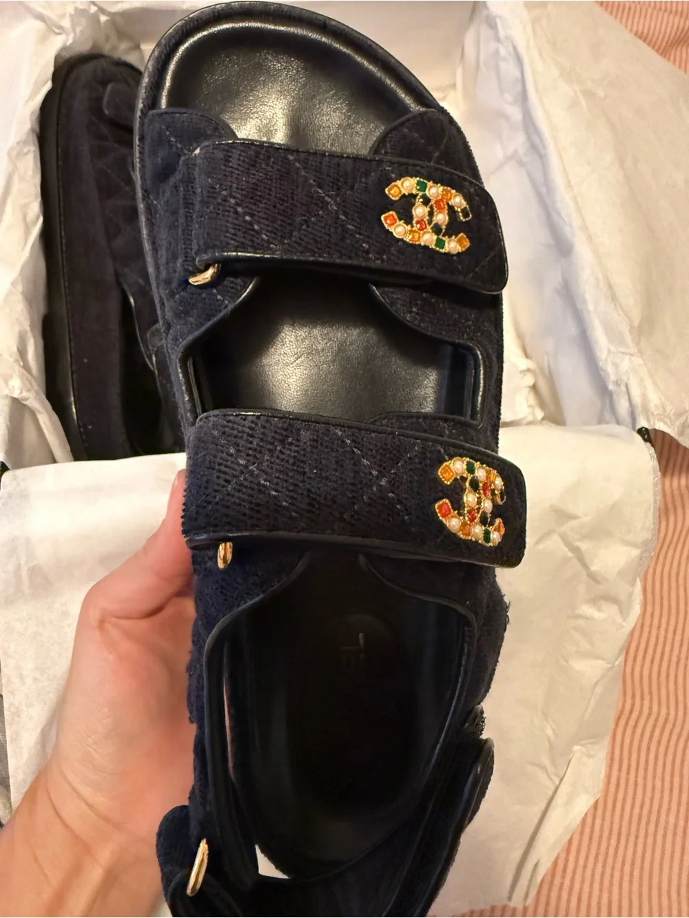 CHANEL Navy Denim CC Logo Velcro Sandals